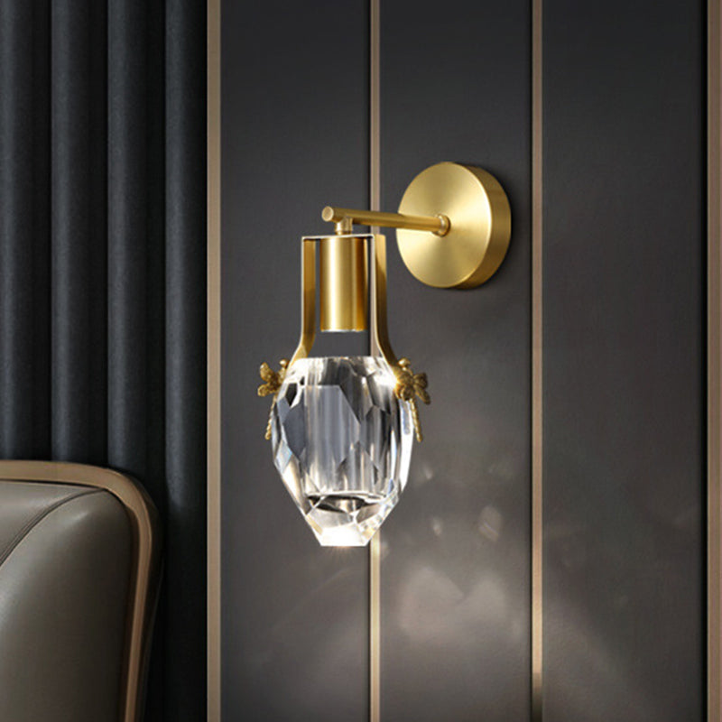 LED Wall Mounted Lamp Modern Raindrop Clear Beveled Crystal Wall Light in Gold with Metal Dragonfly Design Gold Clearhalo 'Modern wall lights' 'Modern' 'Wall Lamps & Sconces' 'Wall Lights' Lighting' 1399556