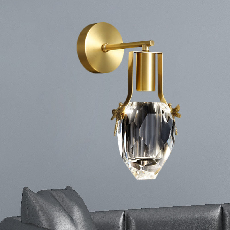 LED Wall Mounted Lamp Modern Raindrop Clear Beveled Crystal Wall Light in Gold with Metal Dragonfly Design Clearhalo 'Modern wall lights' 'Modern' 'Wall Lamps & Sconces' 'Wall Lights' Lighting' 1399557
