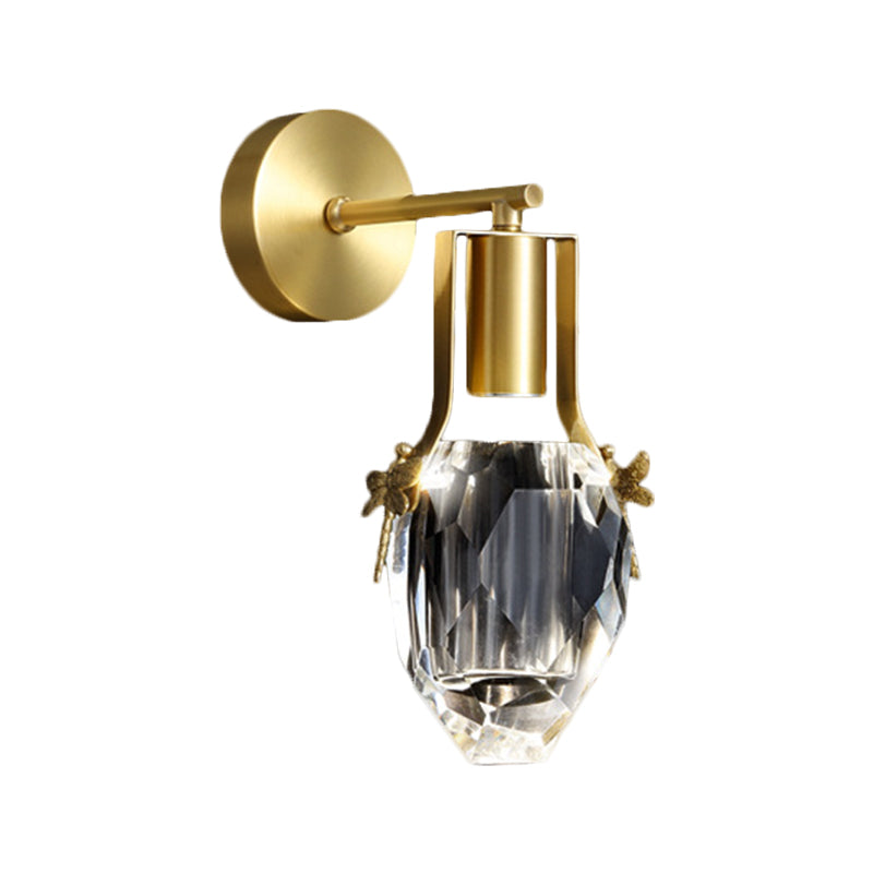 LED Wall Mounted Lamp Modern Raindrop Clear Beveled Crystal Wall Light in Gold with Metal Dragonfly Design Clearhalo 'Modern wall lights' 'Modern' 'Wall Lamps & Sconces' 'Wall Lights' Lighting' 1399558