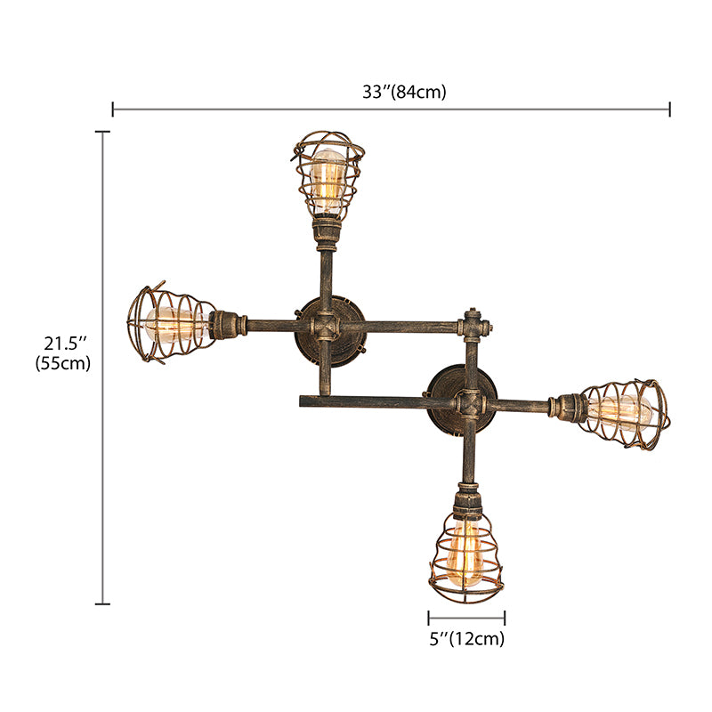 Brass Wire Cage Semi-Flush Light Vintage Industrial Iron 4/6/8 Heads Living Room Ceiling Lighting with Pipe Clearhalo 'Ceiling Lights' 'Close To Ceiling Lights' 'Close to ceiling' 'Semi-flushmount' Lighting' 139956