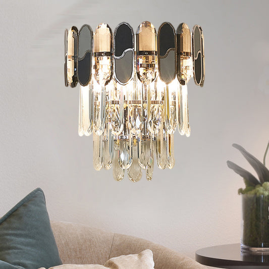 2 Heads Flush Wall Sconce Contemporary Tapered Clear Crystal Wall Lamp with Black and Taupe Ornaments Clear Clearhalo 'Modern wall lights' 'Modern' 'Wall Lamps & Sconces' 'Wall Lights' Lighting' 1399560