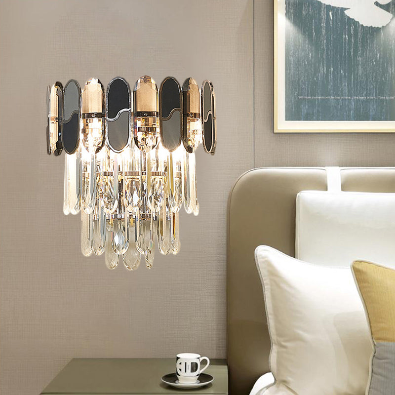 2 Heads Flush Wall Sconce Contemporary Tapered Clear Crystal Wall Lamp with Black and Taupe Ornaments Clearhalo 'Modern wall lights' 'Modern' 'Wall Lamps & Sconces' 'Wall Lights' Lighting' 1399561
