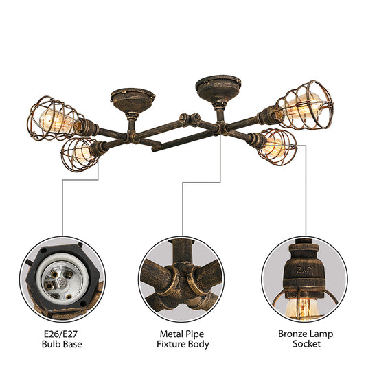 Brass Wire Cage Semi-Flush Light Vintage Industrial Iron 4/6/8 Heads Living Room Ceiling Lighting with Pipe Clearhalo 'Ceiling Lights' 'Close To Ceiling Lights' 'Close to ceiling' 'Semi-flushmount' Lighting' 139957