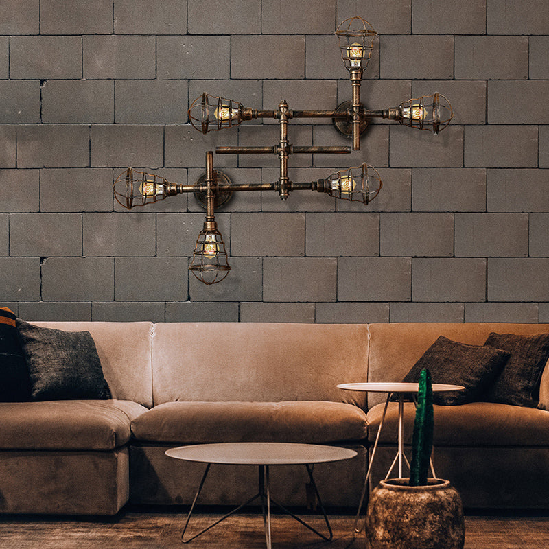 Brass Wire Cage Semi-Flush Light Vintage Industrial Iron 4/6/8 Heads Living Room Ceiling Lighting with Pipe Clearhalo 'Ceiling Lights' 'Close To Ceiling Lights' 'Close to ceiling' 'Semi-flushmount' Lighting' 139958