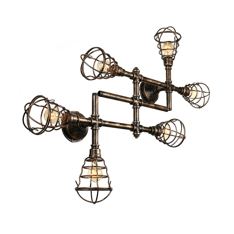Brass Wire Cage Semi-Flush Light Vintage Industrial Iron 4/6/8 Heads Living Room Ceiling Lighting with Pipe Clearhalo 'Ceiling Lights' 'Close To Ceiling Lights' 'Close to ceiling' 'Semi-flushmount' Lighting' 139960