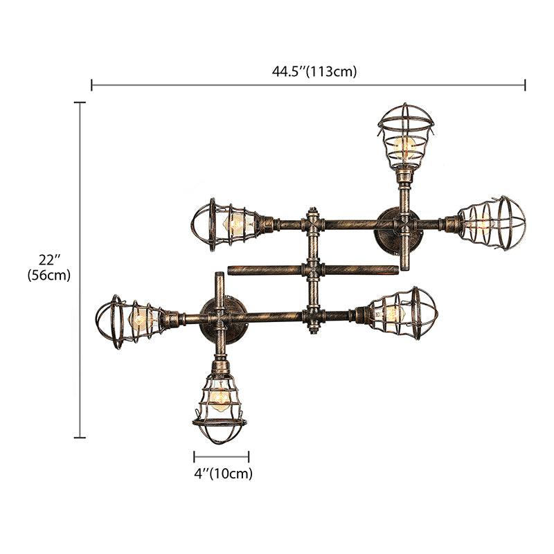 Brass Wire Cage Semi-Flush Light Vintage Industrial Iron 4/6/8 Heads Living Room Ceiling Lighting with Pipe Clearhalo 'Ceiling Lights' 'Close To Ceiling Lights' 'Close to ceiling' 'Semi-flushmount' Lighting' 139961