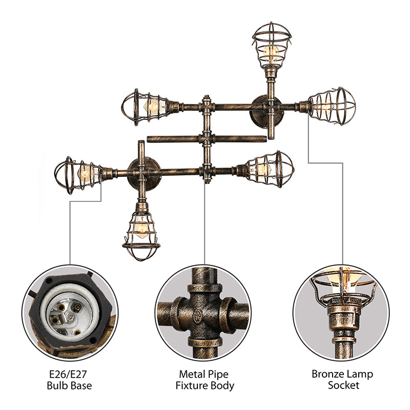 Brass Wire Cage Semi-Flush Light Vintage Industrial Iron 4/6/8 Heads Living Room Ceiling Lighting with Pipe Clearhalo 'Ceiling Lights' 'Close To Ceiling Lights' 'Close to ceiling' 'Semi-flushmount' Lighting' 139962