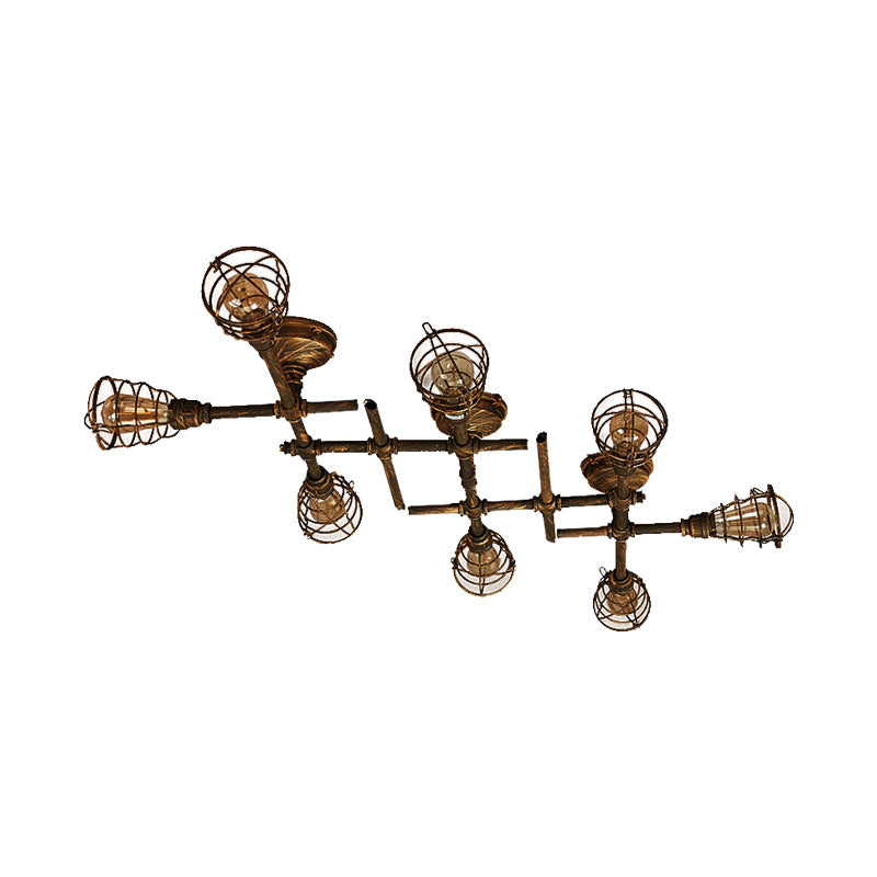 Brass Wire Cage Semi-Flush Light Vintage Industrial Iron 4/6/8 Heads Living Room Ceiling Lighting with Pipe Clearhalo 'Ceiling Lights' 'Close To Ceiling Lights' 'Close to ceiling' 'Semi-flushmount' Lighting' 139965