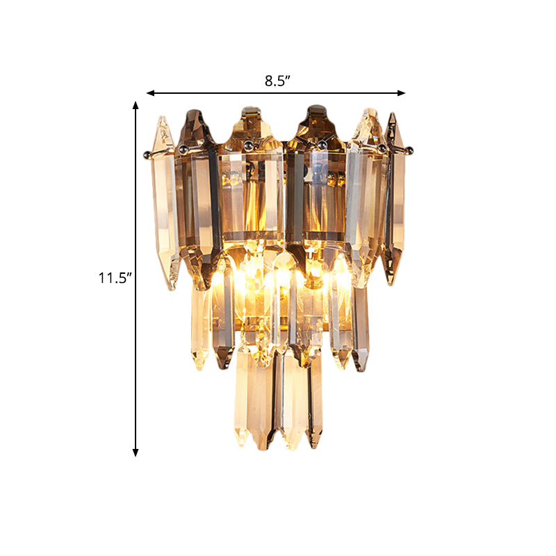 2 Heads Tapered Flush Wall Sconce Modern Gold Crystal Shuttles Wall Mount Light Fixture Clearhalo 'Modern wall lights' 'Modern' 'Wall Lamps & Sconces' 'Wall Lights' Lighting' 1399654