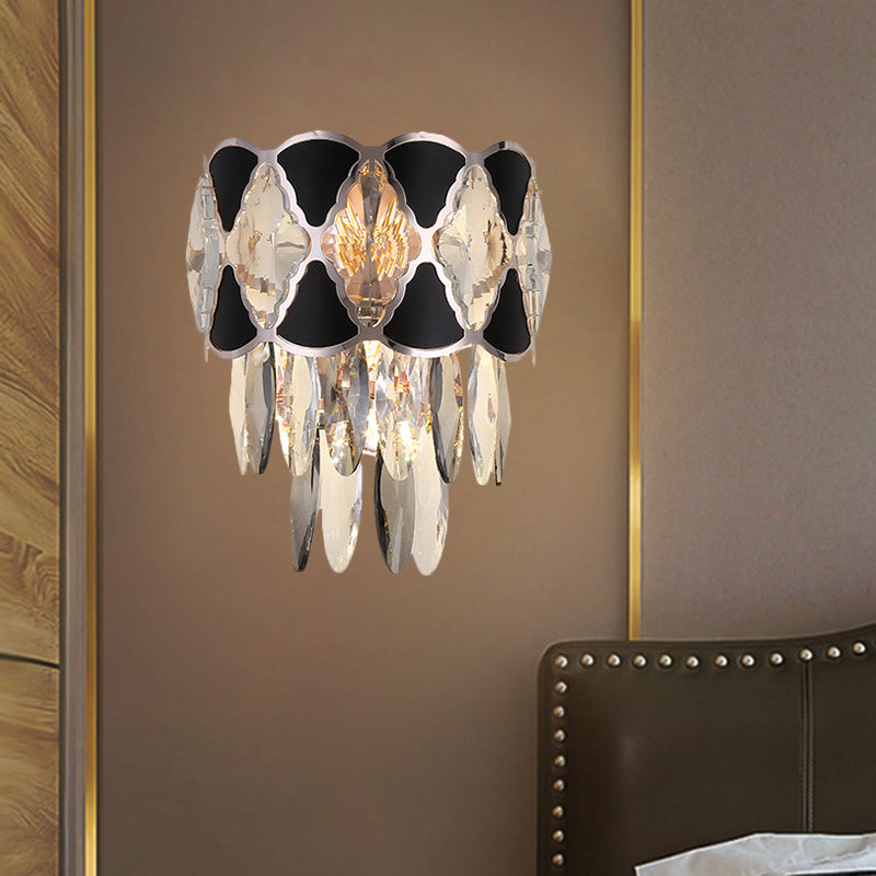 Clear 3 Bulbs Sconce Light Fixture Contemporary Crystal Oval Drops Tapered Flush Mount with Black Triangular Ornament Clear Clearhalo 'Modern wall lights' 'Modern' 'Wall Lamps & Sconces' 'Wall Lights' Lighting' 1399655