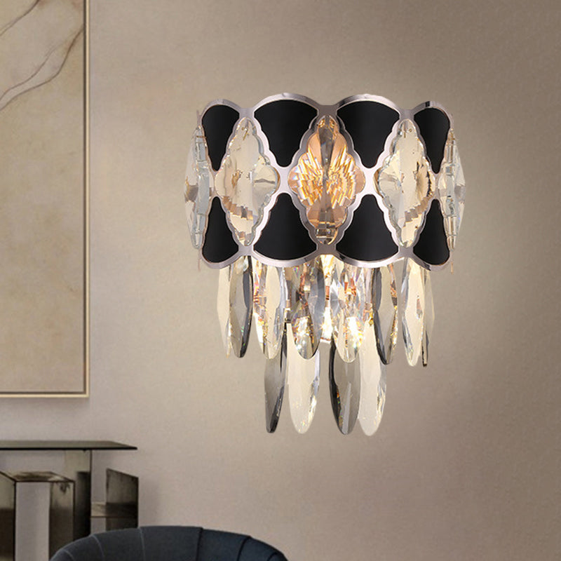 Clear 3 Bulbs Sconce Light Fixture Contemporary Crystal Oval Drops Tapered Flush Mount with Black Triangular Ornament Clearhalo 'Modern wall lights' 'Modern' 'Wall Lamps & Sconces' 'Wall Lights' Lighting' 1399656