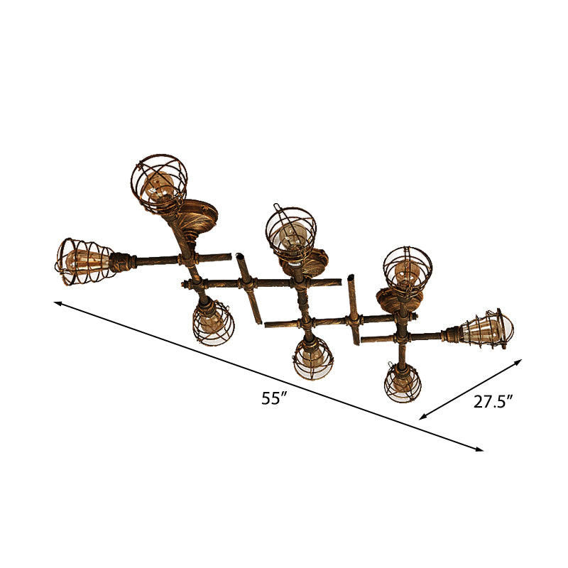 Brass Wire Cage Semi-Flush Light Vintage Industrial Iron 4/6/8 Heads Living Room Ceiling Lighting with Pipe Clearhalo 'Ceiling Lights' 'Close To Ceiling Lights' 'Close to ceiling' 'Semi-flushmount' Lighting' 139966