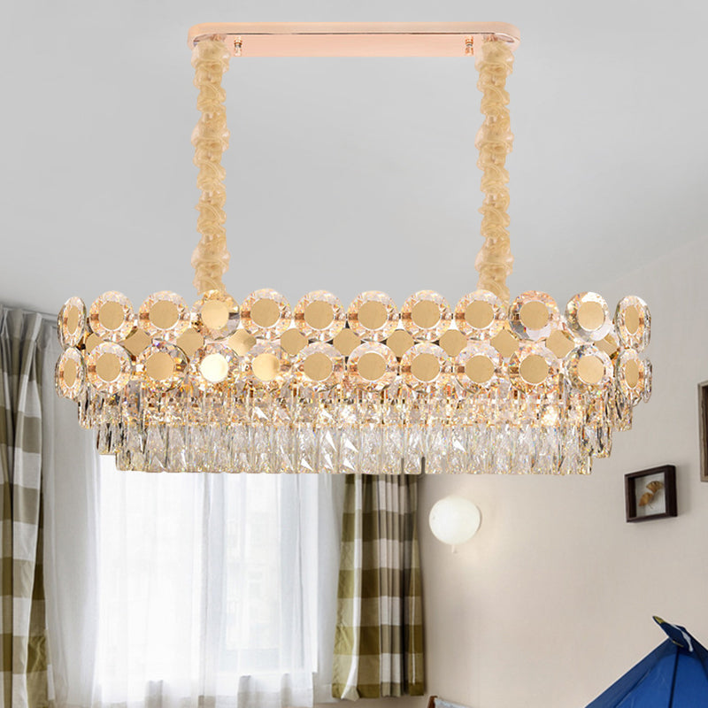 Clear Crystal Blocks Oval Island Pendant Contemporary 12 Bulbs Dinning Hall Over Island Lighting in Gold Clearhalo 'Ceiling Lights' 'Island Lights' Lighting' 1399815