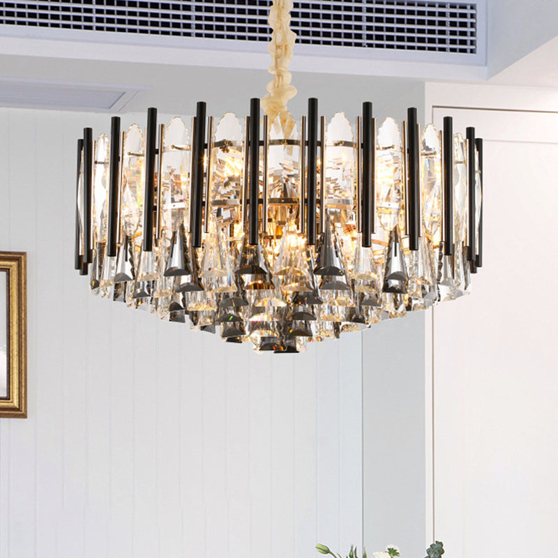 12 Heads Tapered Chandelier Light Modern Clear Crystal Triangular Drops Ceiling Suspension Lamp with Black Tubes Clearhalo 'Ceiling Lights' 'Chandeliers' 'Clear' 'Industrial' 'Modern Chandeliers' 'Modern' 'Tiffany' 'Traditional Chandeliers' Lighting' 1399827