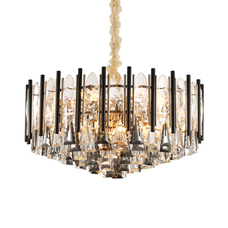 12 Heads Tapered Chandelier Light Modern Clear Crystal Triangular Drops Ceiling Suspension Lamp with Black Tubes Clearhalo 'Ceiling Lights' 'Chandeliers' 'Clear' 'Industrial' 'Modern Chandeliers' 'Modern' 'Tiffany' 'Traditional Chandeliers' Lighting' 1399828