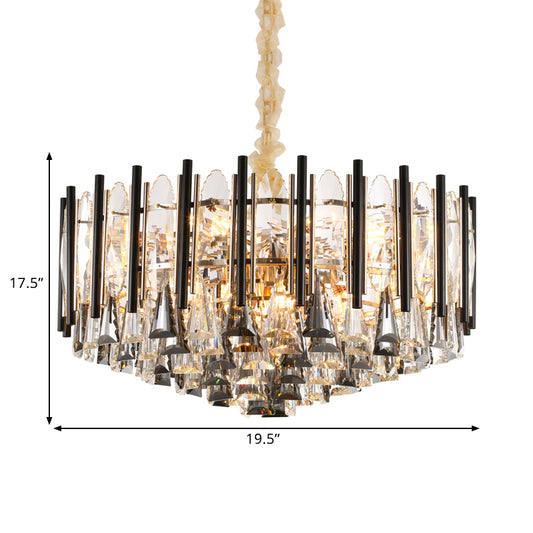 12 Heads Tapered Chandelier Light Modern Clear Crystal Triangular Drops Ceiling Suspension Lamp with Black Tubes Clearhalo 'Ceiling Lights' 'Chandeliers' 'Clear' 'Industrial' 'Modern Chandeliers' 'Modern' 'Tiffany' 'Traditional Chandeliers' Lighting' 1399829