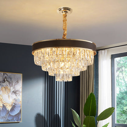 Tapered Clear Crystal Blocks Ceiling Chandelier Modern 8/10 Heads Sitting Room Suspension Lamp, 18"/23.5" Width Clear 18" Clearhalo 'Ceiling Lights' 'Chandeliers' 'Clear' 'Industrial' 'Modern Chandeliers' 'Modern' 'Tiffany' 'Traditional Chandeliers' Lighting' 1399839