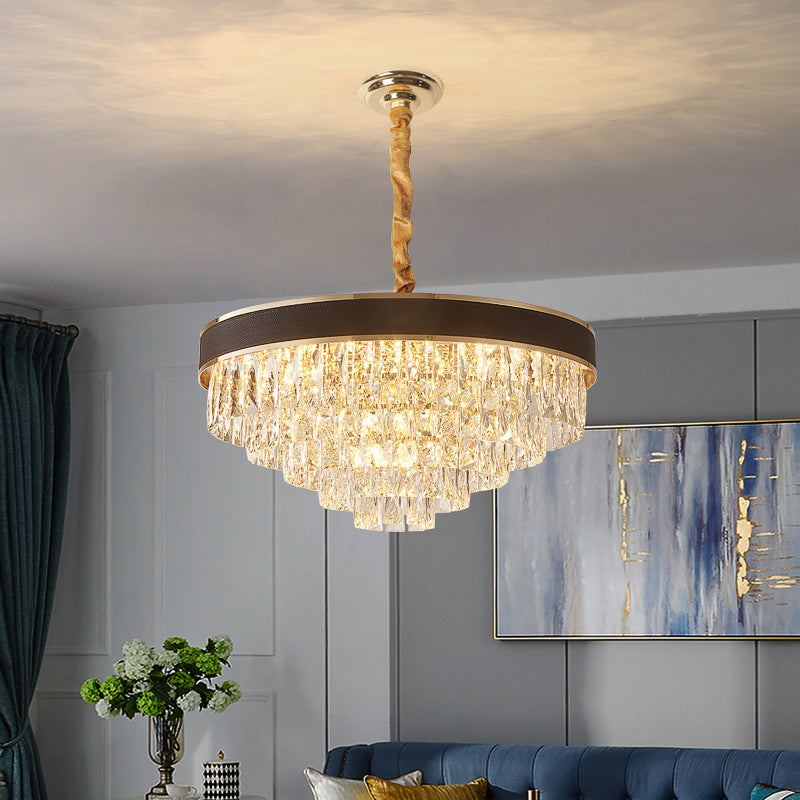 Tapered Clear Crystal Blocks Ceiling Chandelier Modern 8/10 Heads Sitting Room Suspension Lamp, 18"/23.5" Width Clearhalo 'Ceiling Lights' 'Chandeliers' 'Clear' 'Industrial' 'Modern Chandeliers' 'Modern' 'Tiffany' 'Traditional Chandeliers' Lighting' 1399844
