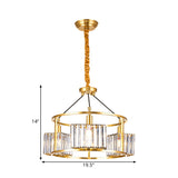 Crystal Blocks Clear Ceiling Chandelier Drum Metal Frame 3 Heads Modern Hanging Light Kit in Gold Clearhalo 'Ceiling Lights' 'Chandeliers' 'Clear' 'Industrial' 'Modern Chandeliers' 'Modern' 'Tiffany' 'Traditional Chandeliers' Lighting' 1399851