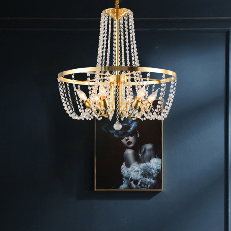 Modern Ring Hanging Lamp 6 Bulbs Clear Crystal Stands Pendant Chandelier in Gold with Scrolled Arm Clear Clearhalo 'Ceiling Lights' 'Chandeliers' 'Clear' 'Industrial' 'Modern Chandeliers' 'Modern' 'Tiffany' 'Traditional Chandeliers' Lighting' 1399869