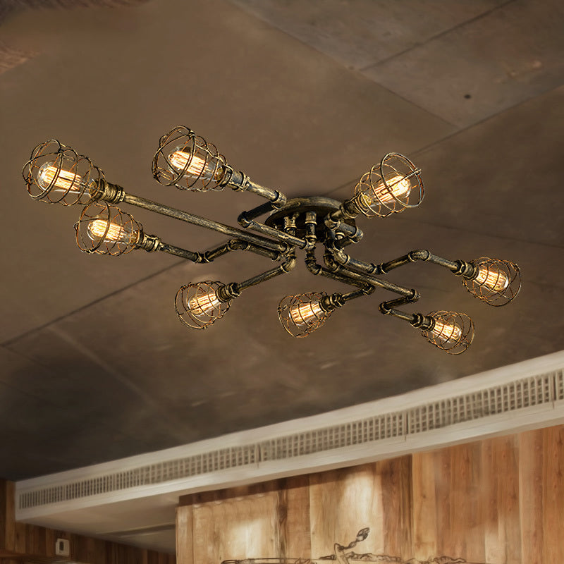 Bronze Twisted Pipe Close to Ceiling Lamp with Cage Shade Antique Style Metal 8-Light Indoor Ceiling Lighting Bronze Clearhalo 'Ceiling Lights' 'Close To Ceiling Lights' 'Close to ceiling' 'Semi-flushmount' Lighting' 139987