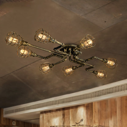 Bronze Twisted Pipe Close to Ceiling Lamp with Cage Shade Antique Style Metal 8-Light Indoor Ceiling Lighting Bronze Clearhalo 'Ceiling Lights' 'Close To Ceiling Lights' 'Close to ceiling' 'Semi-flushmount' Lighting' 139987