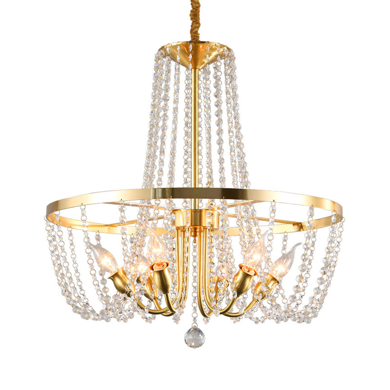 Modern Ring Hanging Lamp 6 Bulbs Clear Crystal Stands Pendant Chandelier in Gold with Scrolled Arm Clearhalo 'Ceiling Lights' 'Chandeliers' 'Clear' 'Industrial' 'Modern Chandeliers' 'Modern' 'Tiffany' 'Traditional Chandeliers' Lighting' 1399870