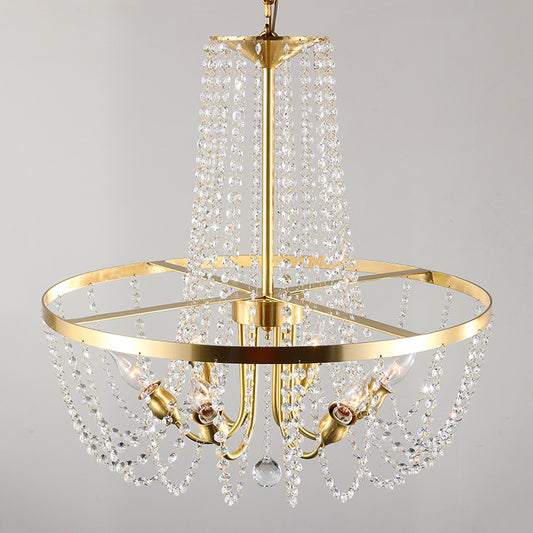 Modern Ring Hanging Lamp 6 Bulbs Clear Crystal Stands Pendant Chandelier in Gold with Scrolled Arm Clearhalo 'Ceiling Lights' 'Chandeliers' 'Clear' 'Industrial' 'Modern Chandeliers' 'Modern' 'Tiffany' 'Traditional Chandeliers' Lighting' 1399871