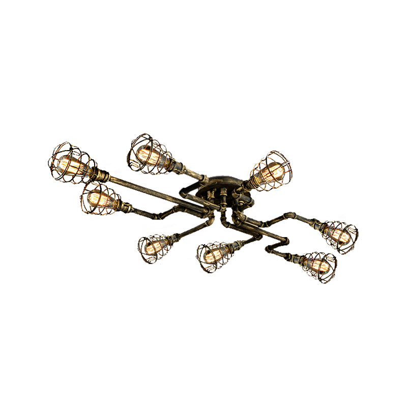 Bronze Twisted Pipe Close to Ceiling Lamp with Cage Shade Antique Style Metal 8-Light Indoor Ceiling Lighting Clearhalo 'Ceiling Lights' 'Close To Ceiling Lights' 'Close to ceiling' 'Semi-flushmount' Lighting' 139989