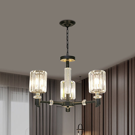 Crystal Cylinder Shade Clear Chandelier Black Metal Frame 3/6 Bulbs Contemporary Ceiling Lighting 3 Clear Clearhalo 'Ceiling Lights' 'Chandeliers' 'Clear' 'Industrial' 'Modern Chandeliers' 'Modern' 'Tiffany' 'Traditional Chandeliers' Lighting' 1399898
