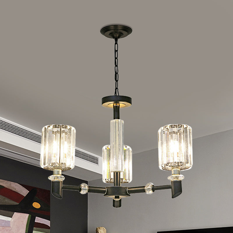 Crystal Cylinder Shade Clear Chandelier Black Metal Frame 3/6 Bulbs Contemporary Ceiling Lighting Clearhalo 'Ceiling Lights' 'Chandeliers' 'Clear' 'Industrial' 'Modern Chandeliers' 'Modern' 'Tiffany' 'Traditional Chandeliers' Lighting' 1399899