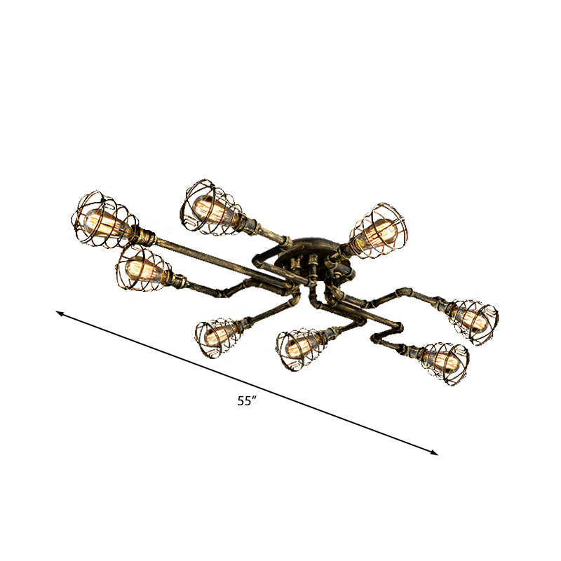 Bronze Twisted Pipe Close to Ceiling Lamp with Cage Shade Antique Style Metal 8-Light Indoor Ceiling Lighting Clearhalo 'Ceiling Lights' 'Close To Ceiling Lights' 'Close to ceiling' 'Semi-flushmount' Lighting' 139990