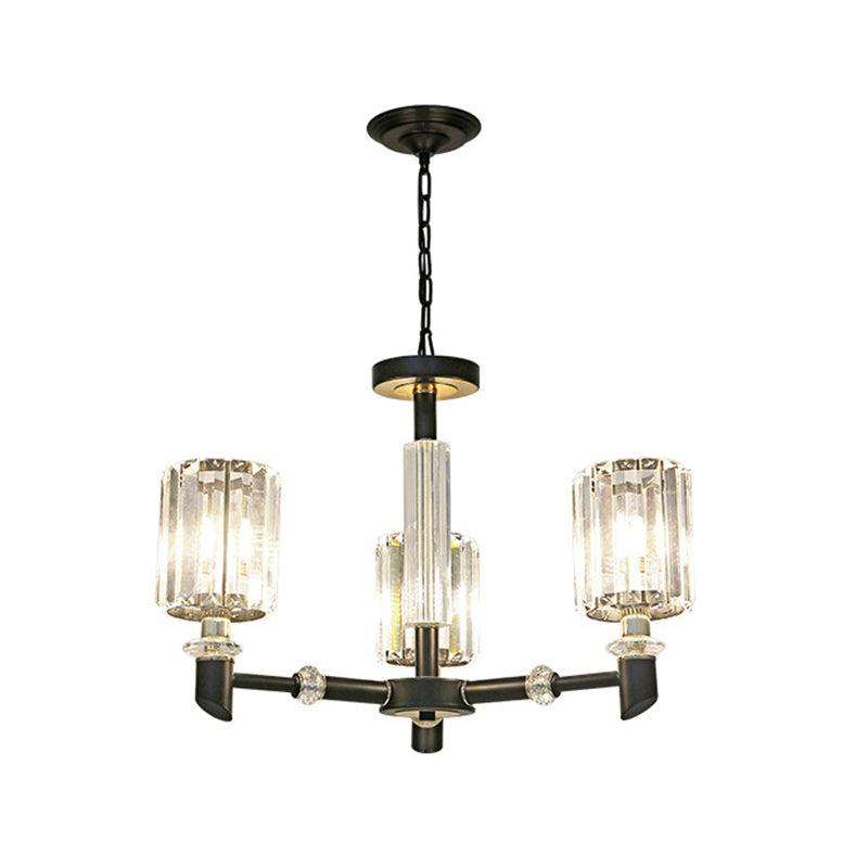 Crystal Cylinder Shade Clear Chandelier Black Metal Frame 3/6 Bulbs Contemporary Ceiling Lighting Clearhalo 'Ceiling Lights' 'Chandeliers' 'Clear' 'Industrial' 'Modern Chandeliers' 'Modern' 'Tiffany' 'Traditional Chandeliers' Lighting' 1399900