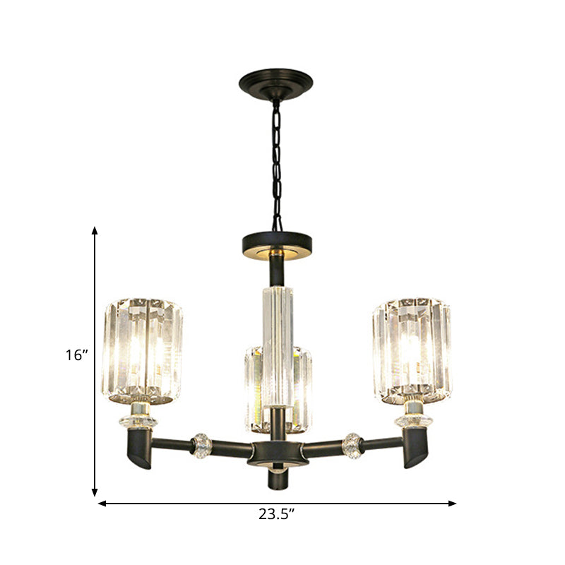 Crystal Cylinder Shade Clear Chandelier Black Metal Frame 3/6 Bulbs Contemporary Ceiling Lighting Clearhalo 'Ceiling Lights' 'Chandeliers' 'Clear' 'Industrial' 'Modern Chandeliers' 'Modern' 'Tiffany' 'Traditional Chandeliers' Lighting' 1399901