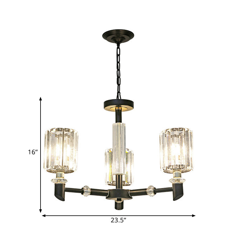 Crystal Cylinder Shade Clear Chandelier Black Metal Frame 3/6 Bulbs Contemporary Ceiling Lighting Clearhalo 'Ceiling Lights' 'Chandeliers' 'Clear' 'Industrial' 'Modern Chandeliers' 'Modern' 'Tiffany' 'Traditional Chandeliers' Lighting' 1399901