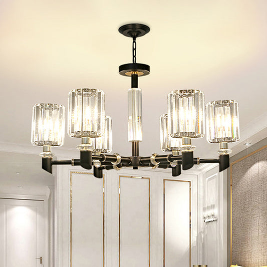 Crystal Cylinder Shade Clear Chandelier Black Metal Frame 3/6 Bulbs Contemporary Ceiling Lighting 6 Clear Clearhalo 'Ceiling Lights' 'Chandeliers' 'Clear' 'Industrial' 'Modern Chandeliers' 'Modern' 'Tiffany' 'Traditional Chandeliers' Lighting' 1399902