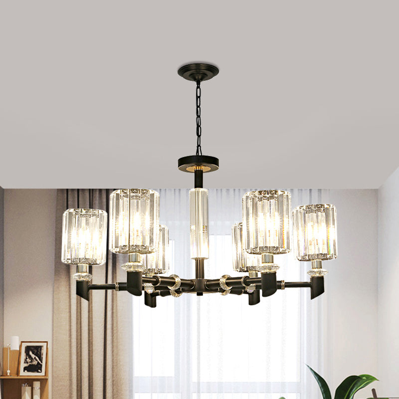 Crystal Cylinder Shade Clear Chandelier Black Metal Frame 3/6 Bulbs Contemporary Ceiling Lighting Clearhalo 'Ceiling Lights' 'Chandeliers' 'Clear' 'Industrial' 'Modern Chandeliers' 'Modern' 'Tiffany' 'Traditional Chandeliers' Lighting' 1399903