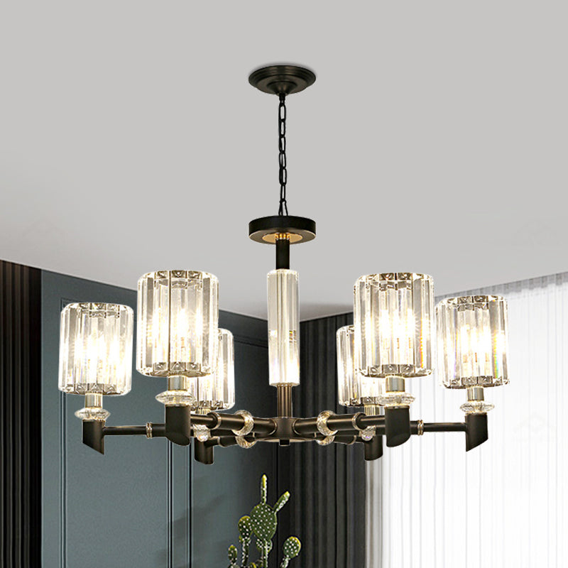 Crystal Cylinder Shade Clear Chandelier Black Metal Frame 3/6 Bulbs Contemporary Ceiling Lighting Clearhalo 'Ceiling Lights' 'Chandeliers' 'Clear' 'Industrial' 'Modern Chandeliers' 'Modern' 'Tiffany' 'Traditional Chandeliers' Lighting' 1399904