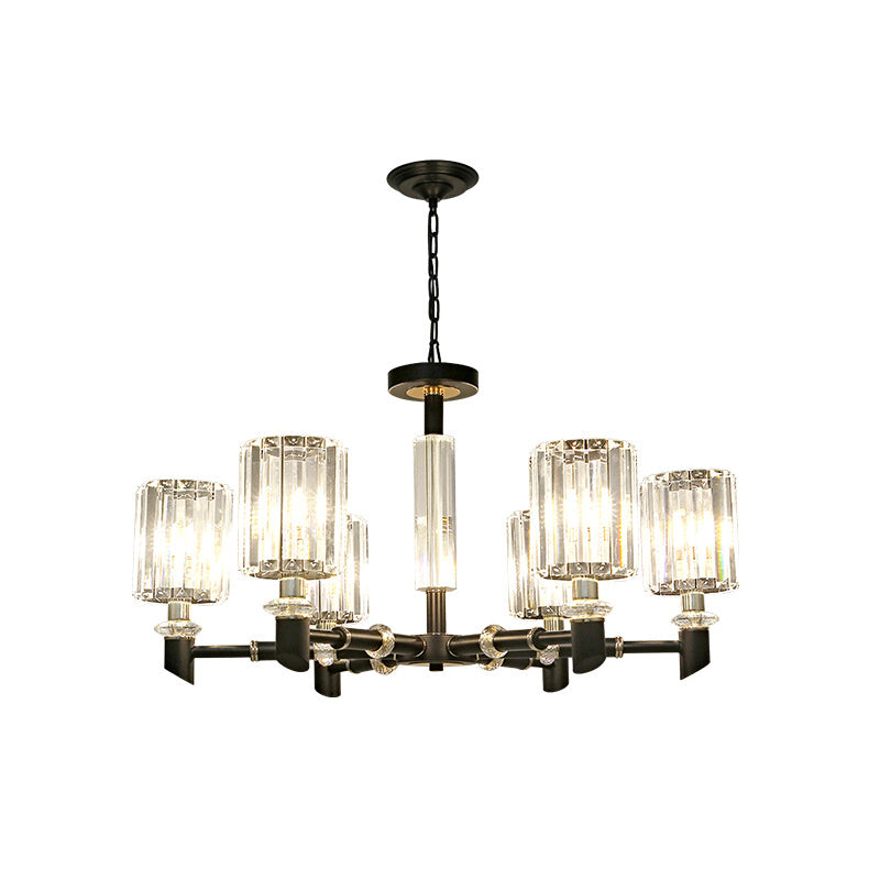 Crystal Cylinder Shade Clear Chandelier Black Metal Frame 3/6 Bulbs Contemporary Ceiling Lighting Clearhalo 'Ceiling Lights' 'Chandeliers' 'Clear' 'Industrial' 'Modern Chandeliers' 'Modern' 'Tiffany' 'Traditional Chandeliers' Lighting' 1399905