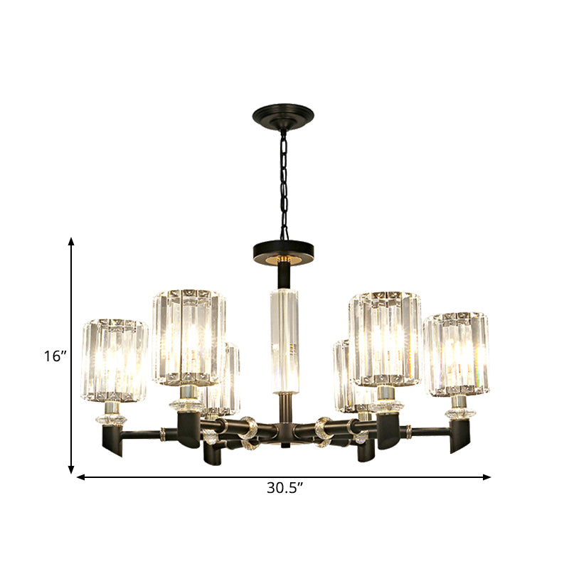 Crystal Cylinder Shade Clear Chandelier Black Metal Frame 3/6 Bulbs Contemporary Ceiling Lighting Clearhalo 'Ceiling Lights' 'Chandeliers' 'Clear' 'Industrial' 'Modern Chandeliers' 'Modern' 'Tiffany' 'Traditional Chandeliers' Lighting' 1399906