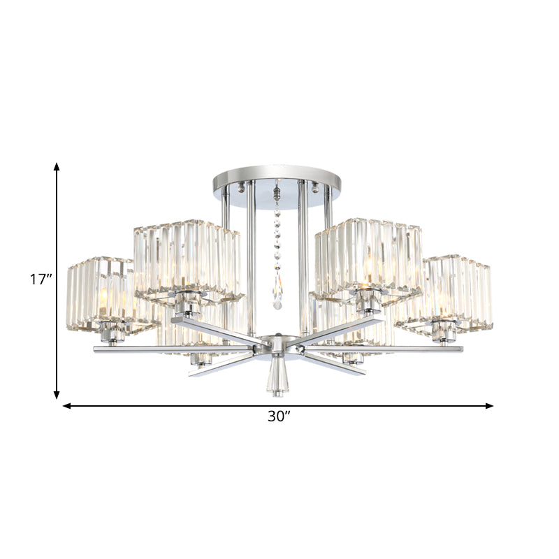 6/8 Bulbs Semi Flush Chandelier with Radial Design Modern Clear Crystal Cubic Shade Ceiling Lighting Clearhalo 'Ceiling Lights' 'Close To Ceiling Lights' 'Close to ceiling' 'Semi-flushmount' Lighting' 1400081