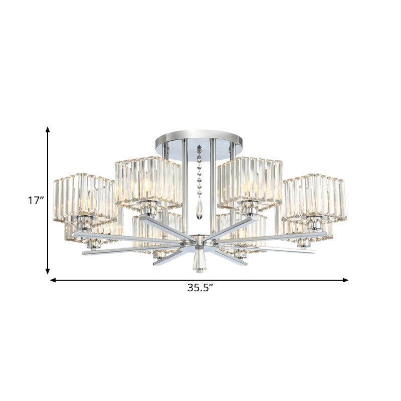 6/8 Bulbs Semi Flush Chandelier with Radial Design Modern Clear Crystal Cubic Shade Ceiling Lighting Clearhalo 'Ceiling Lights' 'Close To Ceiling Lights' 'Close to ceiling' 'Semi-flushmount' Lighting' 1400086