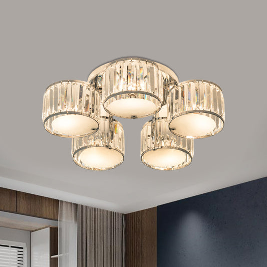 Modern Drum Shade Ceiling Mounted Fixture 5/6 Heads Clear Crystal Flush Mount Lamp for Living Room 5 Clear Clearhalo 'Ceiling Lights' 'Close To Ceiling Lights' 'Close to ceiling' 'Semi-flushmount' Lighting' 1400087