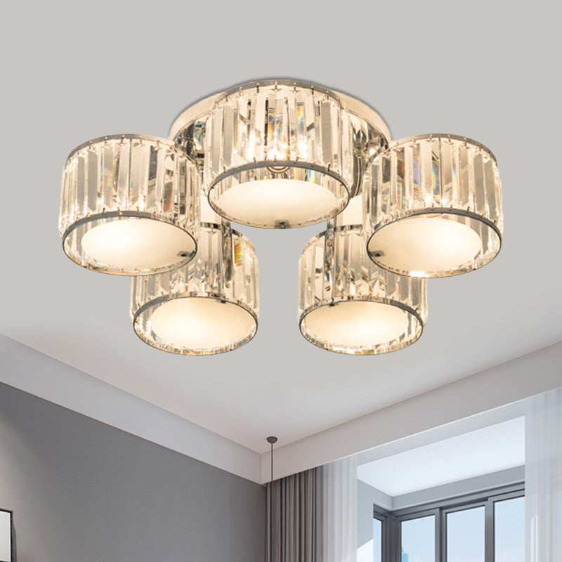 Modern Drum Shade Ceiling Mounted Fixture 5/6 Heads Clear Crystal Flush Mount Lamp for Living Room Clearhalo 'Ceiling Lights' 'Close To Ceiling Lights' 'Close to ceiling' 'Semi-flushmount' Lighting' 1400088