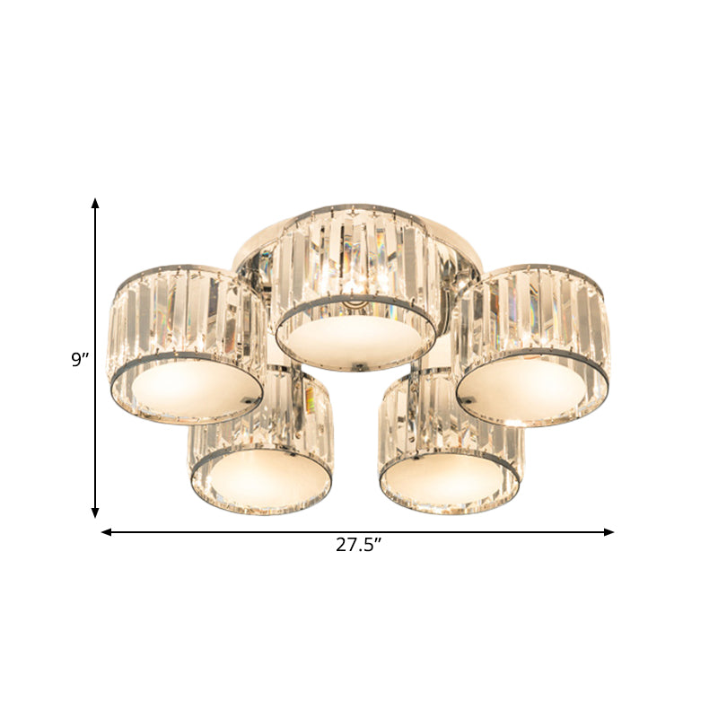 Modern Drum Shade Ceiling Mounted Fixture 5/6 Heads Clear Crystal Flush Mount Lamp for Living Room Clearhalo 'Ceiling Lights' 'Close To Ceiling Lights' 'Close to ceiling' 'Semi-flushmount' Lighting' 1400090