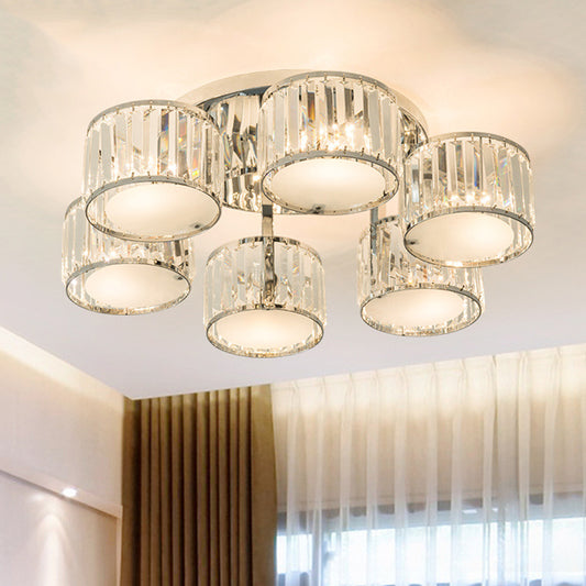 Modern Drum Shade Ceiling Mounted Fixture 5/6 Heads Clear Crystal Flush Mount Lamp for Living Room 6 Clear Clearhalo 'Ceiling Lights' 'Close To Ceiling Lights' 'Close to ceiling' 'Semi-flushmount' Lighting' 1400091