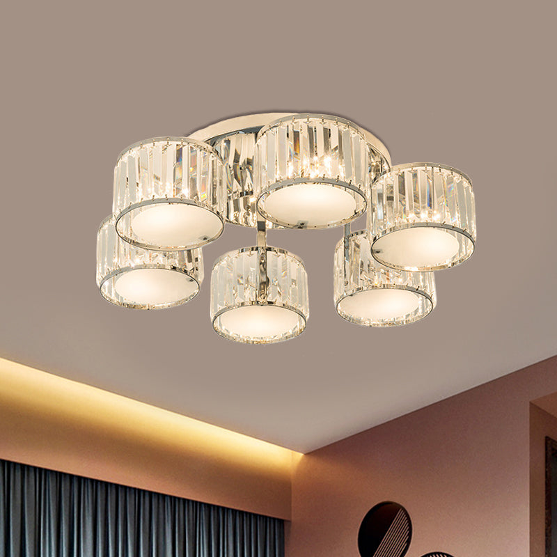 Modern Drum Shade Ceiling Mounted Fixture 5/6 Heads Clear Crystal Flush Mount Lamp for Living Room Clearhalo 'Ceiling Lights' 'Close To Ceiling Lights' 'Close to ceiling' 'Semi-flushmount' Lighting' 1400092