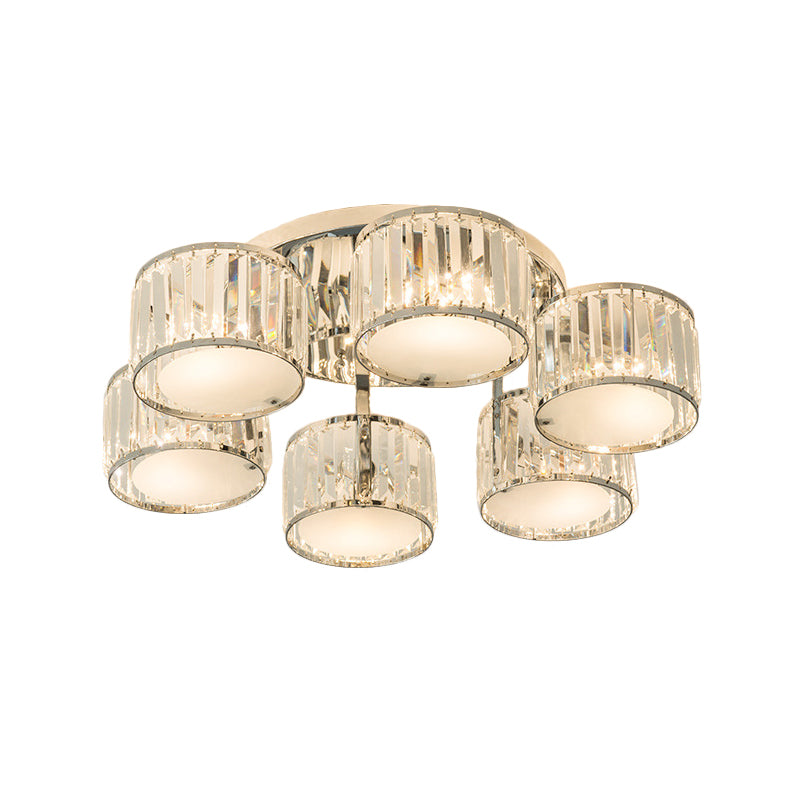 Modern Drum Shade Ceiling Mounted Fixture 5/6 Heads Clear Crystal Flush Mount Lamp for Living Room Clearhalo 'Ceiling Lights' 'Close To Ceiling Lights' 'Close to ceiling' 'Semi-flushmount' Lighting' 1400093