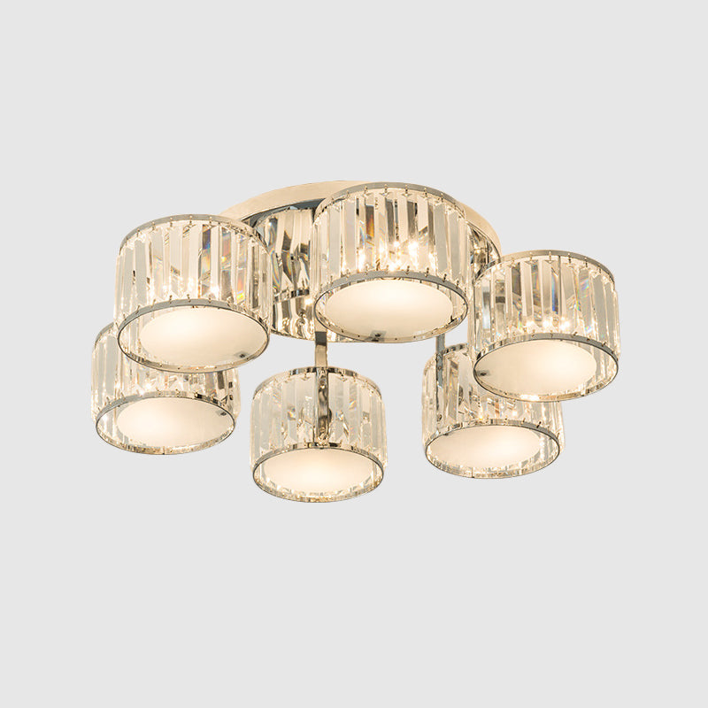 Modern Drum Shade Ceiling Mounted Fixture 5/6 Heads Clear Crystal Flush Mount Lamp for Living Room Clearhalo 'Ceiling Lights' 'Close To Ceiling Lights' 'Close to ceiling' 'Semi-flushmount' Lighting' 1400094