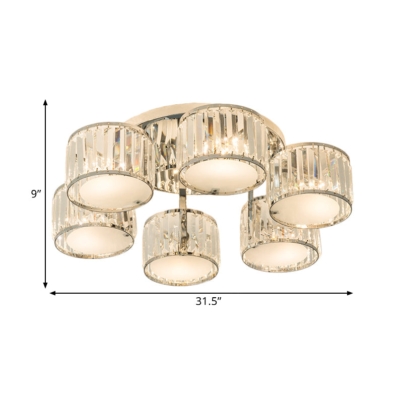 Modern Drum Shade Ceiling Mounted Fixture 5/6 Heads Clear Crystal Flush Mount Lamp for Living Room Clearhalo 'Ceiling Lights' 'Close To Ceiling Lights' 'Close to ceiling' 'Semi-flushmount' Lighting' 1400095